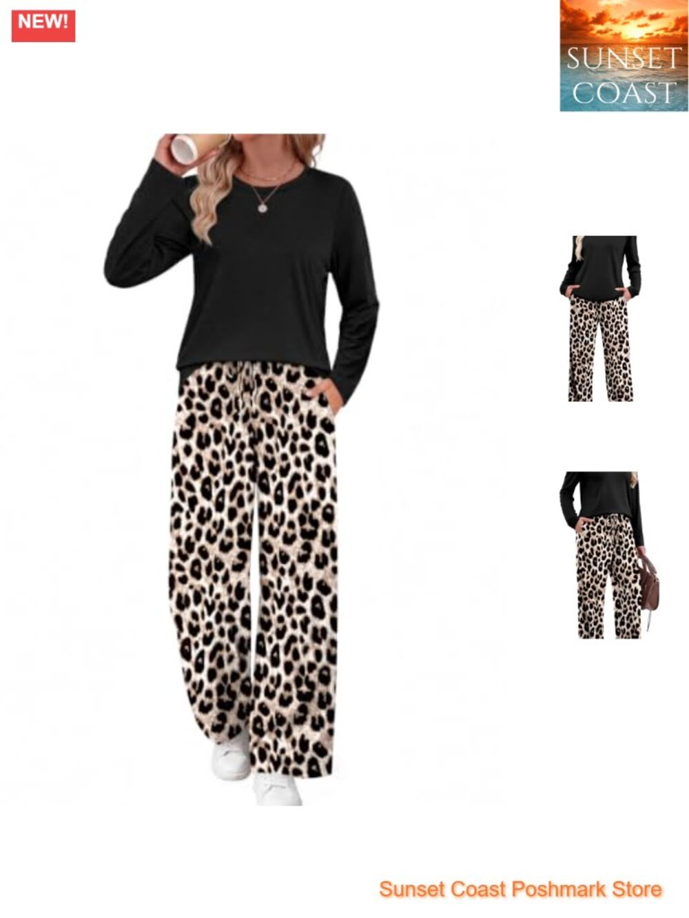 Two Piece Lounge Set Long Sleeve Top Wide Leg Pants Travel Casual